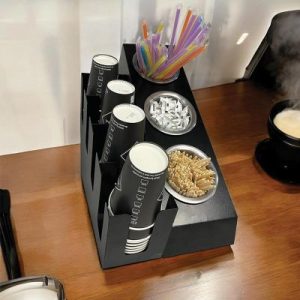 Cafemarkt 4 Bölmeli 16 Oz Karton Bardak 3 Gözlü Pipet Karıştırıcı ve Şeker Standı, 26x45x36 cm, Siyah