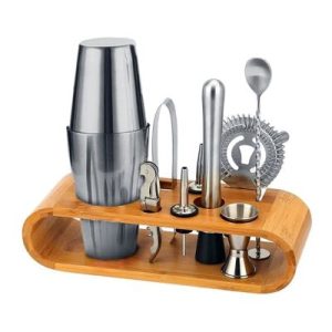 Zicco JKK 03 Ahşap Standlı 10 Parça Boston Shaker Bar Kokteyl Seti, 750 ml
