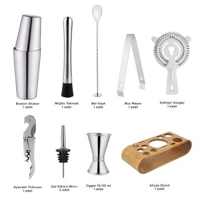 Zicco JKK 03 Ahşap Standlı 10 Parça Boston Shaker Bar Kokteyl Seti, 750 ml - Görsel 2