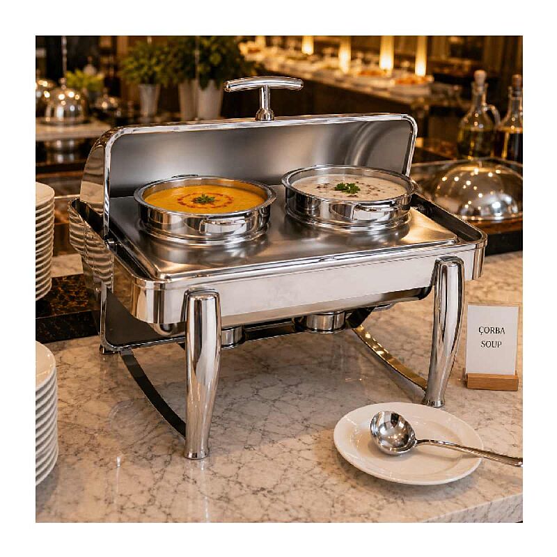 Kapp Delux Roll Top Çift Çorbalık Chafing Dish, 2x4.5 L, Jel Yakıtlı + Elektrikli - Görsel 3