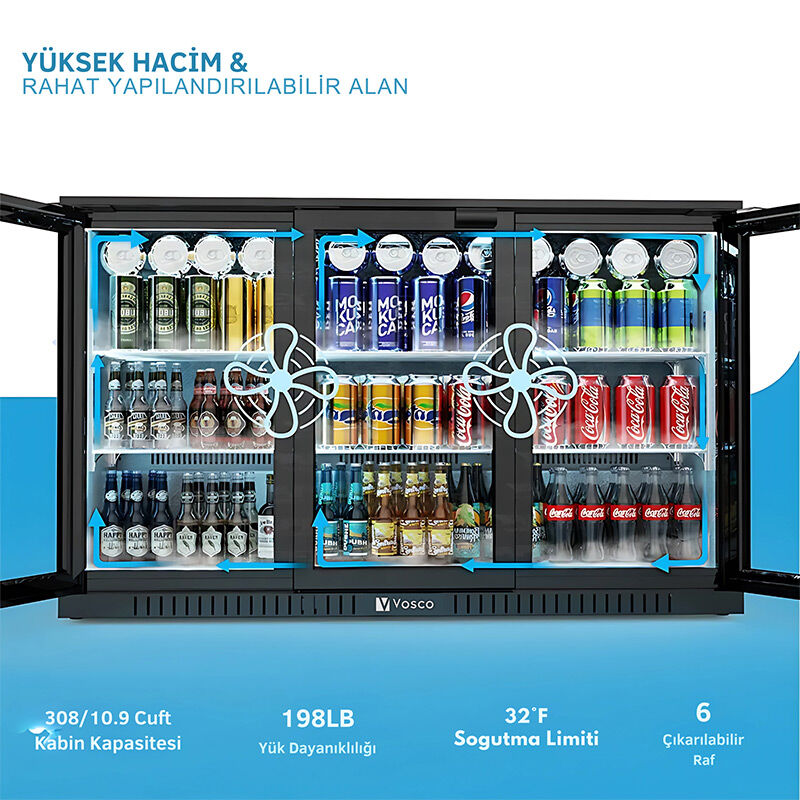 Vosco VBBC-350S Üç Sürgü Kapılı Bar Arkası Şişe Soğutucu Dolap, 338 L, Siyah - Görsel 2