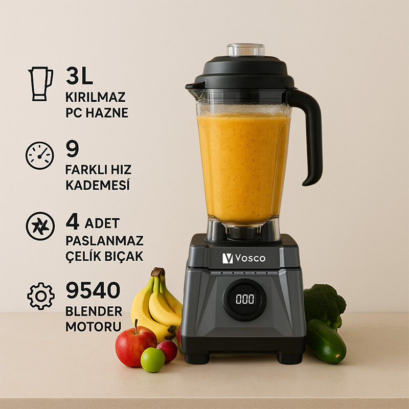 Vosco VHS-602C Dijital Pro Bar Blender, 3 L, 1600 W, Gri - Görsel 3